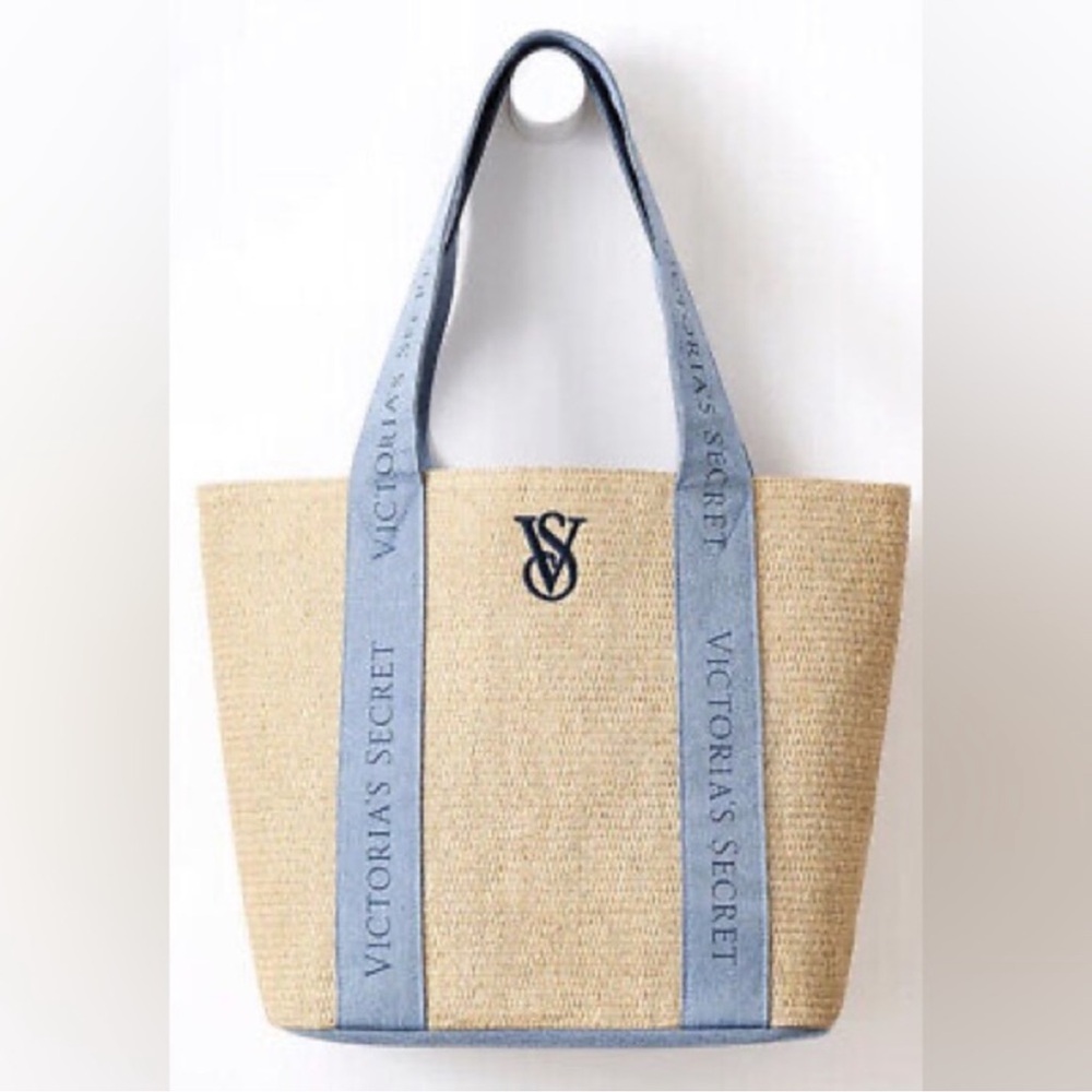 New Victoria's Secret Beige (Straw) and Light Blue Tote